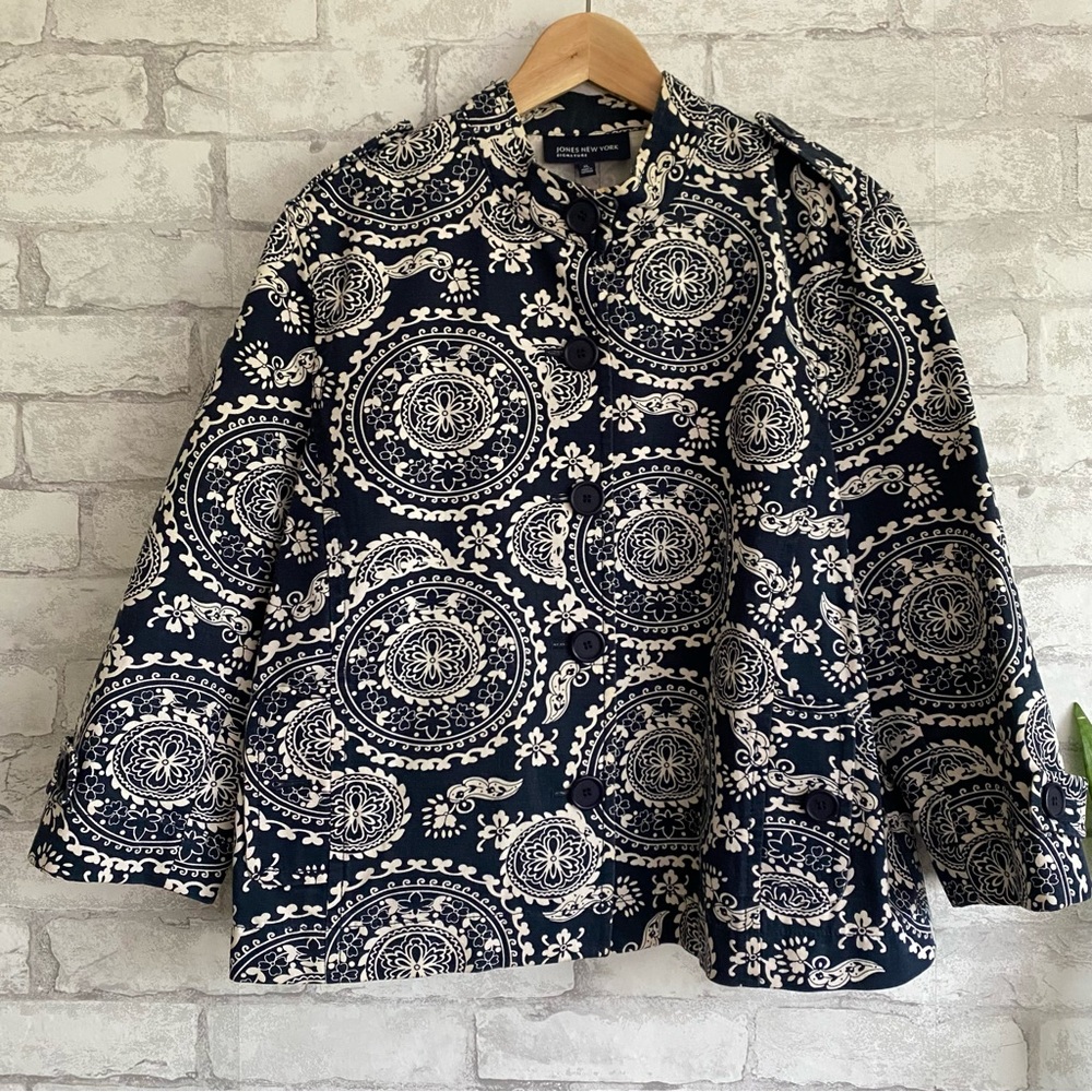 Jones New York Navy White Abstract Print Heavy Jacket Size XL